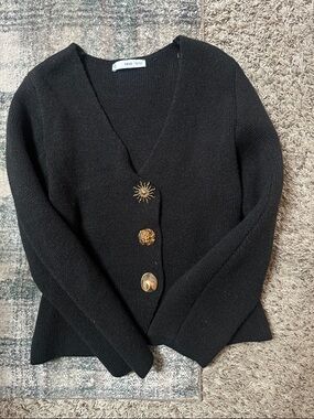 Mango Black V-Neck Cardigan with Gold Accent Buttons